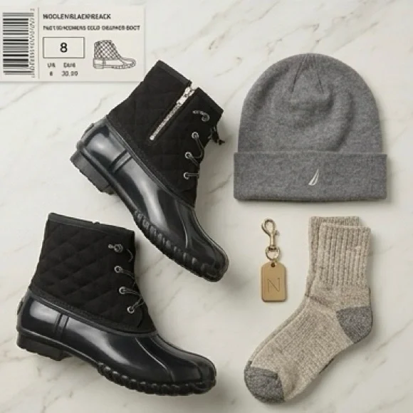 Nautica Black Quilted Duck Boots | Waterproof Winter Rain Boots | Size 8 NEW - Picture 3 of 6